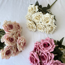 7头文娟涂层丝印钻石玫瑰仿真花婚庆客厅装饰路引玫瑰花束假花