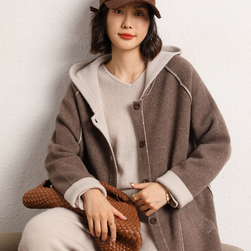软糯山羊绒2023秋冬新款女装连帽加厚两面可穿针织开衫大衣-阿里巴巴