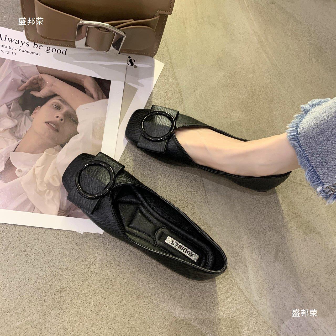豆豆鞋女2024春秋新款浅口方头单鞋软底百搭黑色工作鞋上班平底鞋