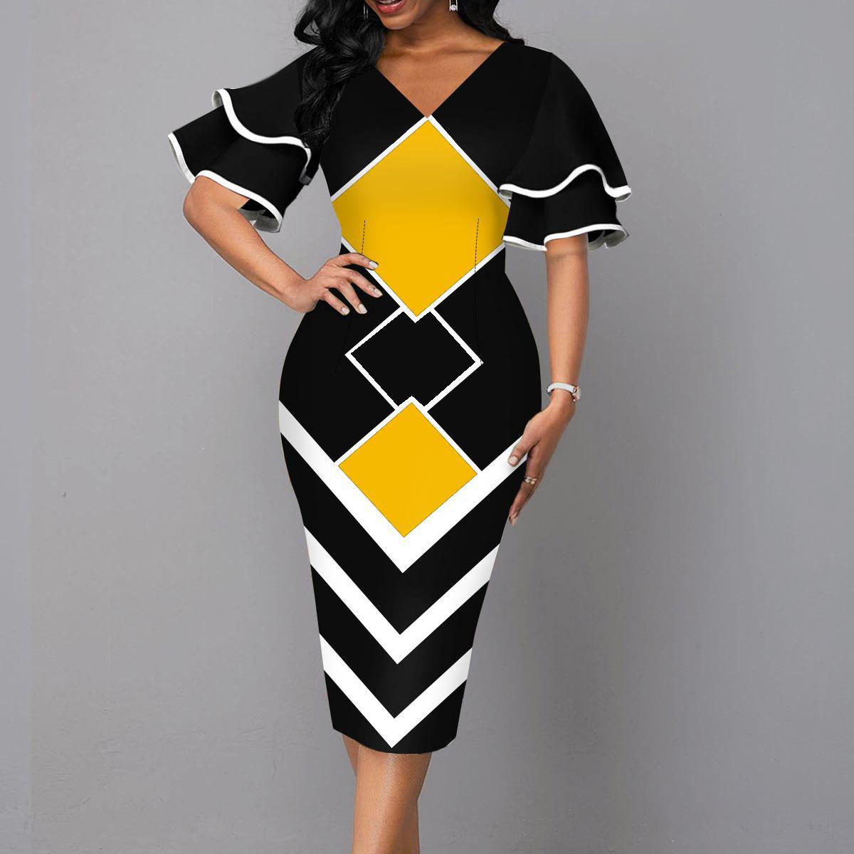 2021欧美外贸通勤女装定位印花包臀裙v领木耳袖气质时尚连衣裙