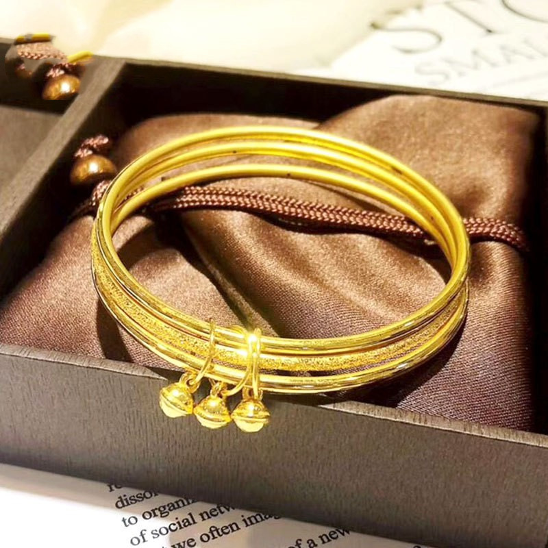 3d硬999足金光圈磨砂三圈铃铛细手镯黄金三生三世女款多环金镯子