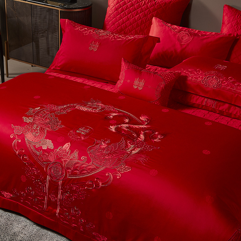 New Wedding Chinese High-End Wedding Cotton Long-Staple Cotton Embroidery Four-Piece Set Six-Piece Bed Sheet Dragon and Phoenix