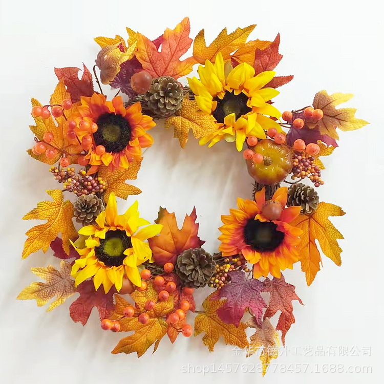 DSEN Manufacturers Supply Thanksgiving Harvest Halloween Supply Autumn Maple Leaf Pumpkin Vine Ring Real Rattan Garland with Lights DIY