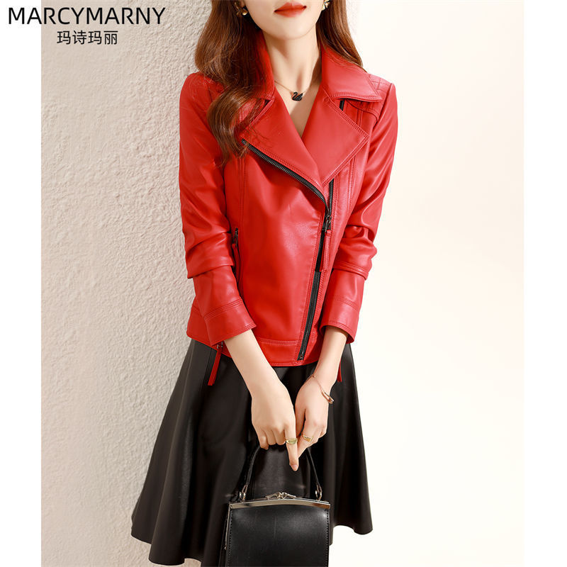 秋冬新款真皮皮衣女短款韩版修身机车羊皮夹克外套红色西装领皮装