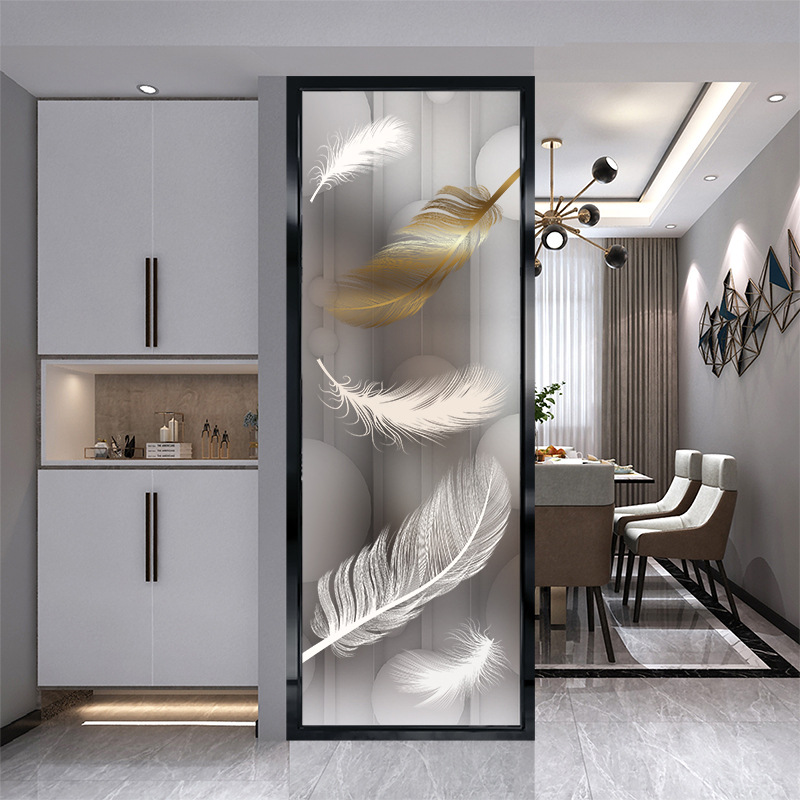 艺术玻璃客厅屏风隔断墙现代简约卧室遮挡家用玄关背景墙轻奢羽毛