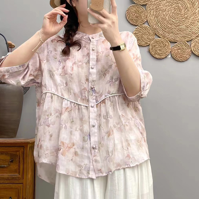印花苎麻衬衫女装夏季新品高端品质休闲宽松上衣单排扣翻领上衣