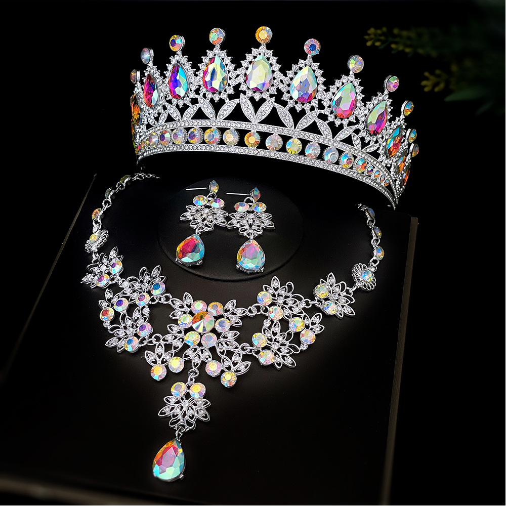 AB Gold Color Rhinestone Bridal Crown Necklace Headdress Three-Piece Suit Foreign Trade Hot Selling Bridal Hair Accessories in Stock Wholesale