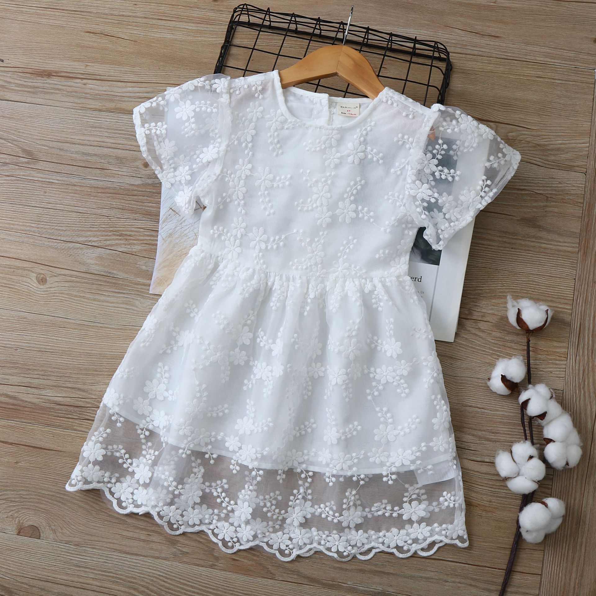 qy-2441小花刺绣欧根纱女童短袖连衣裙儿童公主裙2024夏新款童装