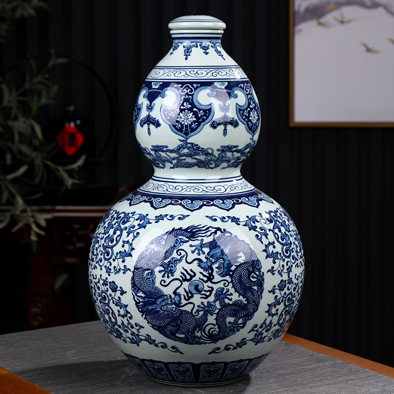 景德镇陶瓷酒瓶 二十斤装手绘青花龙葫芦酒罐 20斤装密封空酒坛子