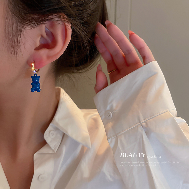 Paint Zircon Bear Ear Clip Earrings Asymmetric Design Earrings Korean Sweet Cool Style Trendy Unique Graceful Earrings