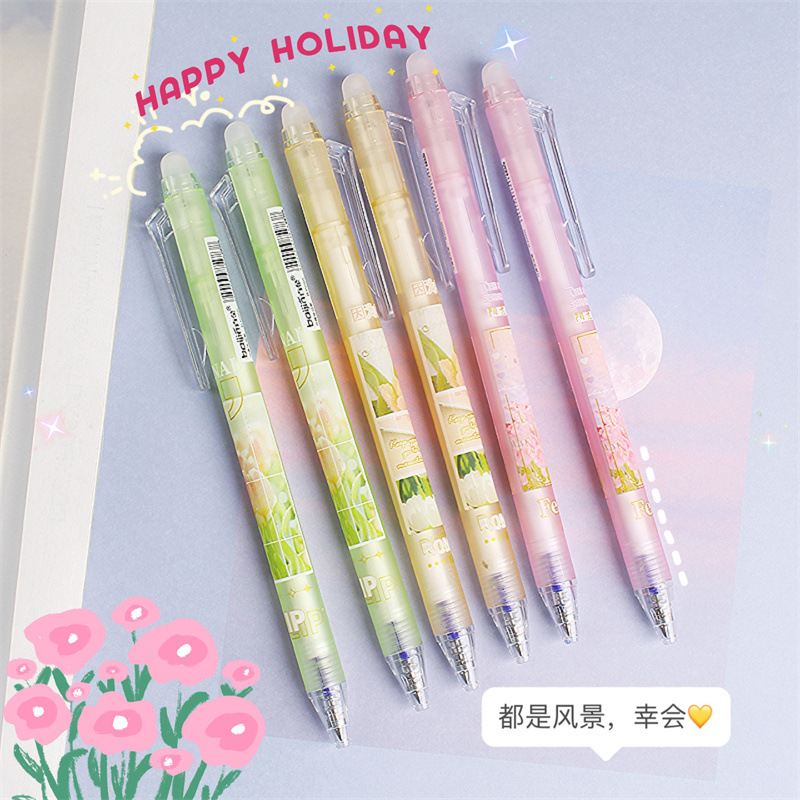 Landscape Limited Erasable Pressing Pen Ins Good-looking Tulip Grinding Easy to Wipe Gel Pen 0.5 Student Crystal Blue Mo Pen