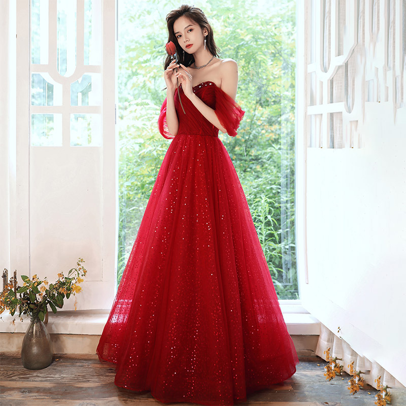 酒红色敬酒服钉珠主持人一字肩年会轻奢高定模特走秀星空成年礼服