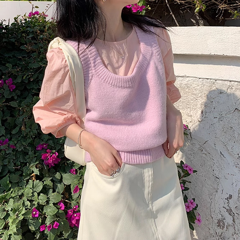 锦倩自制/春季穿搭背心坎肩叠穿外搭粉色针织马甲女款2024新款 潮