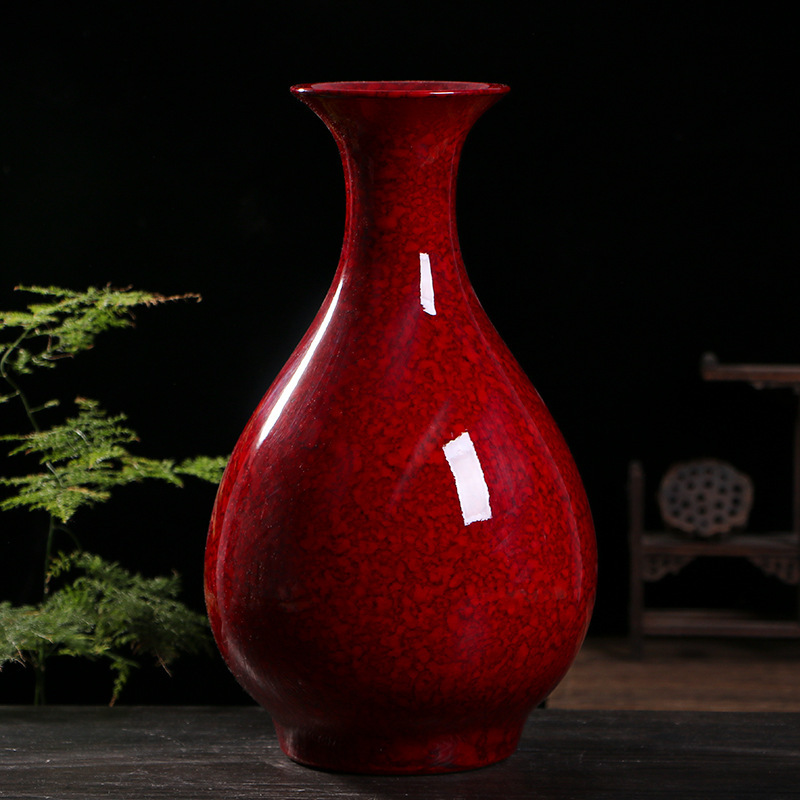 景德镇新中式窑变水滴釉红赏瓶 家居客厅仿古陶瓷花瓶 瓷器工艺品