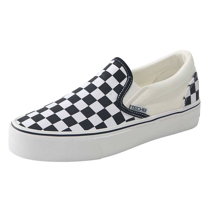 万斯夏季经典复古一脚蹬黑白格帆布鞋女学生韩版百搭休闲懒人板鞋