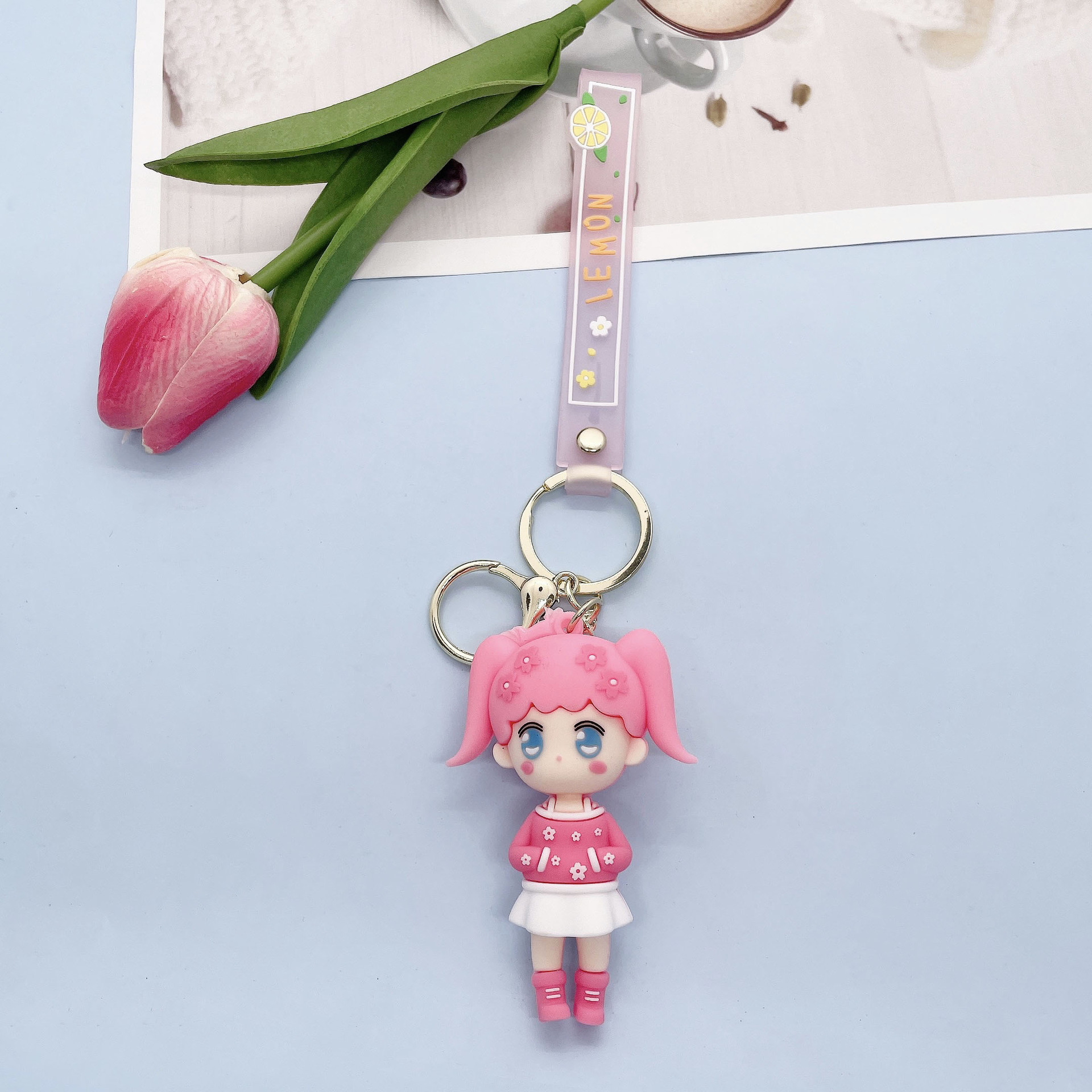 Creative Cute Silicone Cherry Blossom Girl Keychain Pendant Cartoon Girlish Doll Bag Key Ornament Wholesale