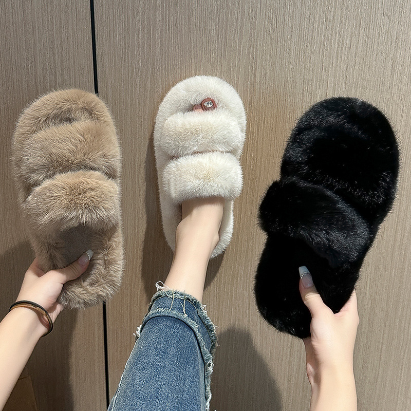 Home Fluffy Slippers Women's Winter Plush Double with Breathable Plush Indoor Home Women's Bedroom Cotton Slippers Wholesale