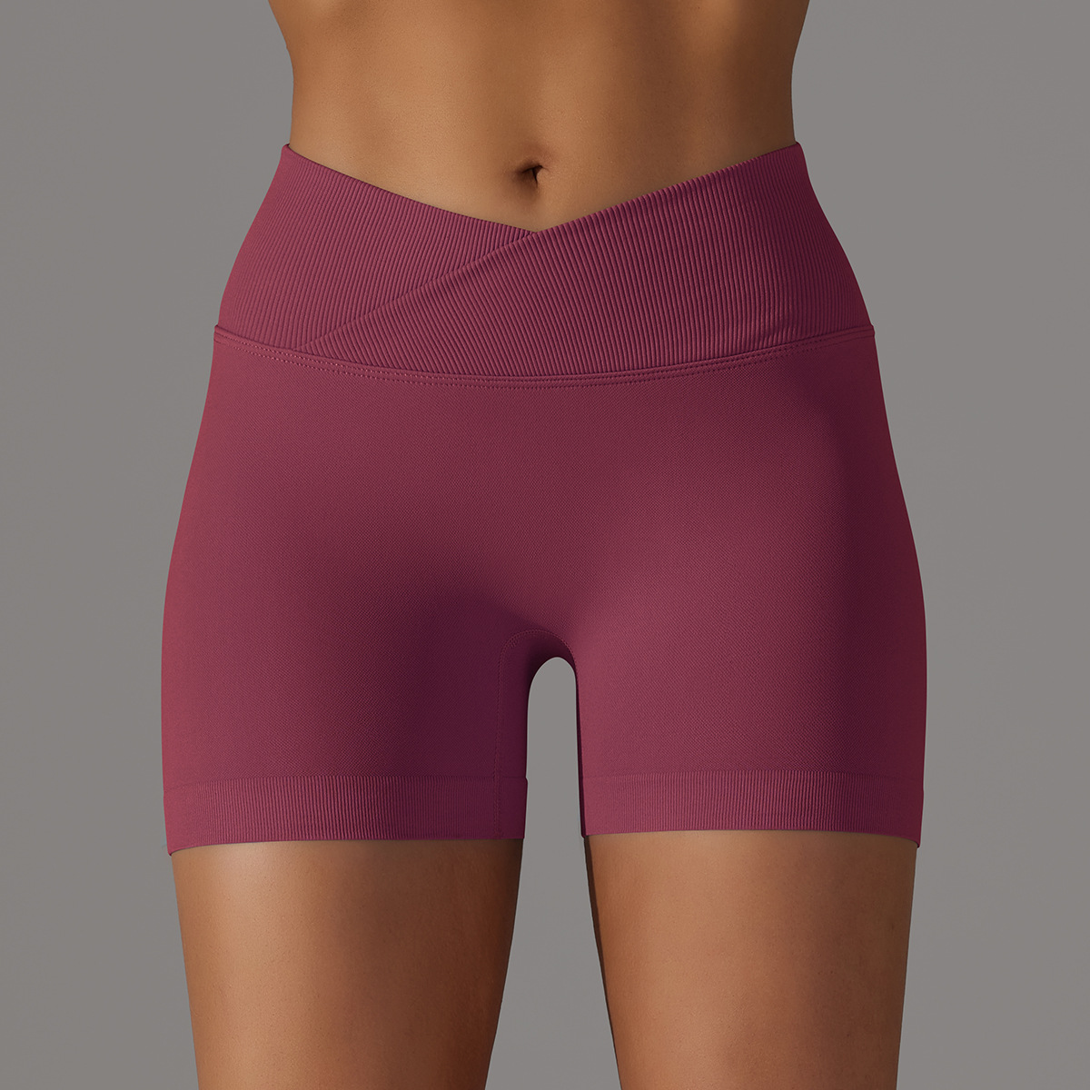 Cross-Border European and American Seamless Knit Breathable Solid Color Cross Waist Peach Hip Yoga Shorts Running Fitness Shorts Women