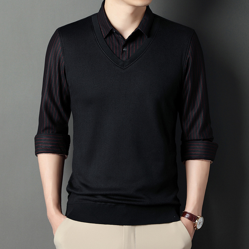 2021男士假两件衬衫男士秋季新款假领时尚休闲修身打底衫男装上衣