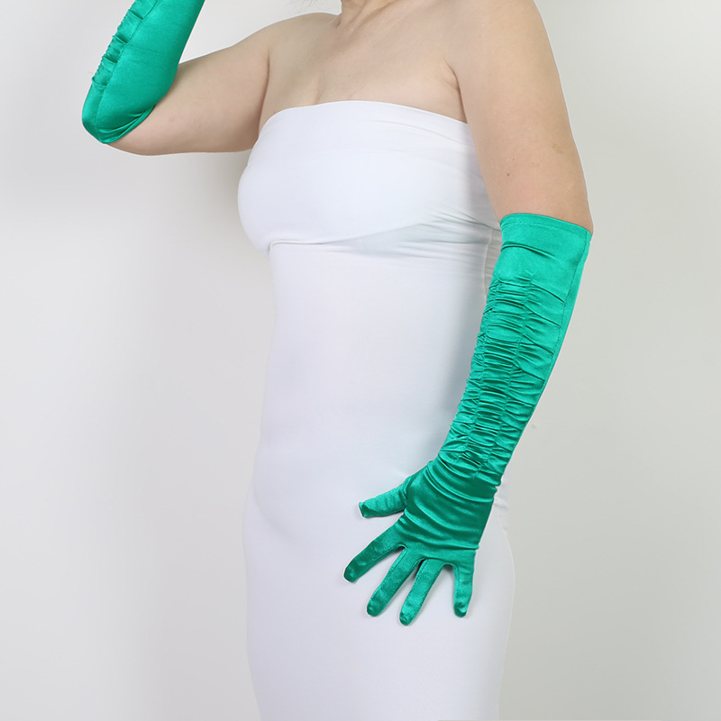 丝绸手套 50cm打褶皱弹性丝光珠光绸缎面绿色黑蓝色长款礼服婚纱