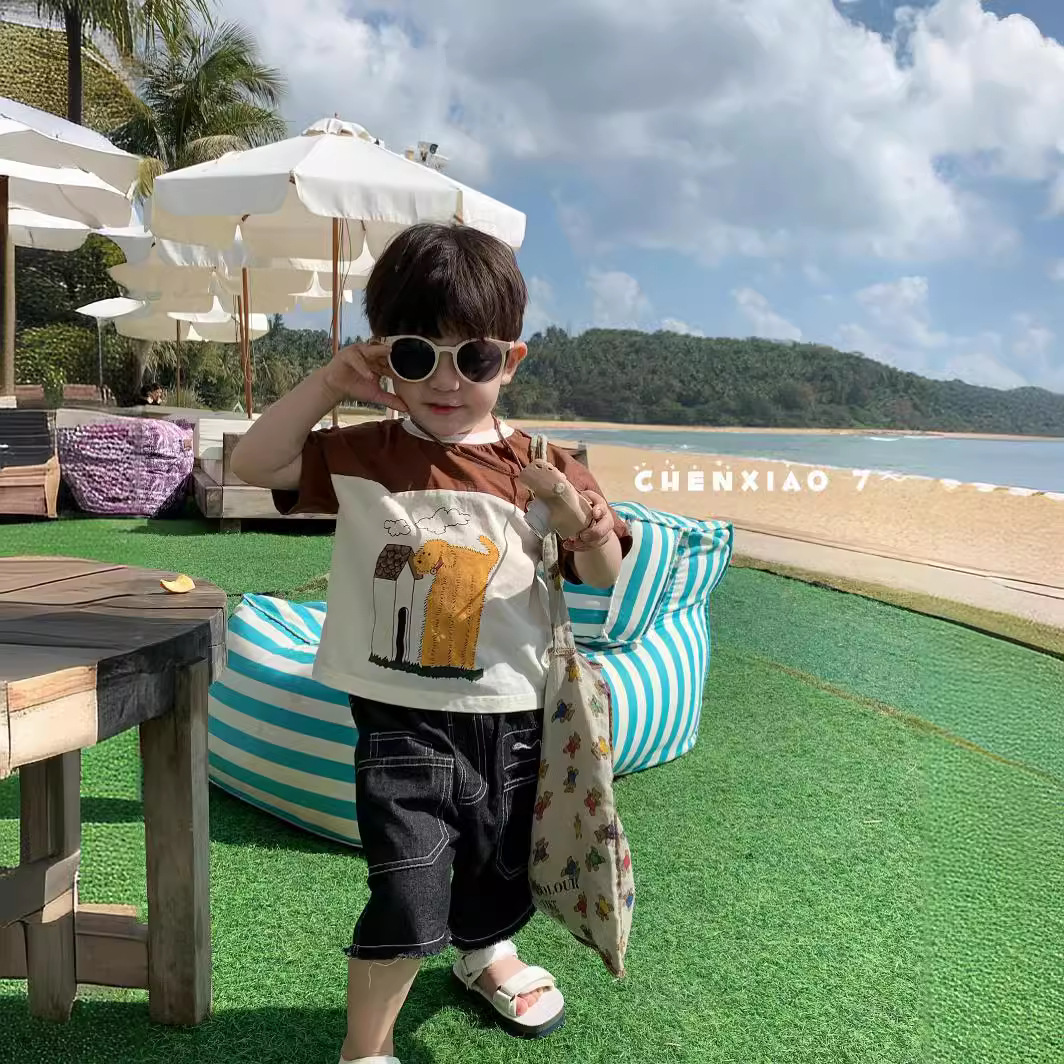 橙小7 24年夏款新儿童韩卡通短袖t恤潮90-130码小童休闲裤男t恤