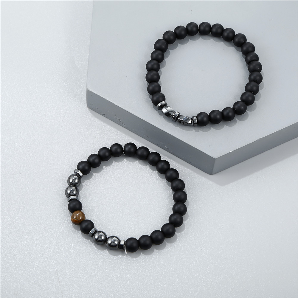 速卖通爆款8m黑磨砂黑胆石手链套装简约百搭男士手链弹力佛珠手链