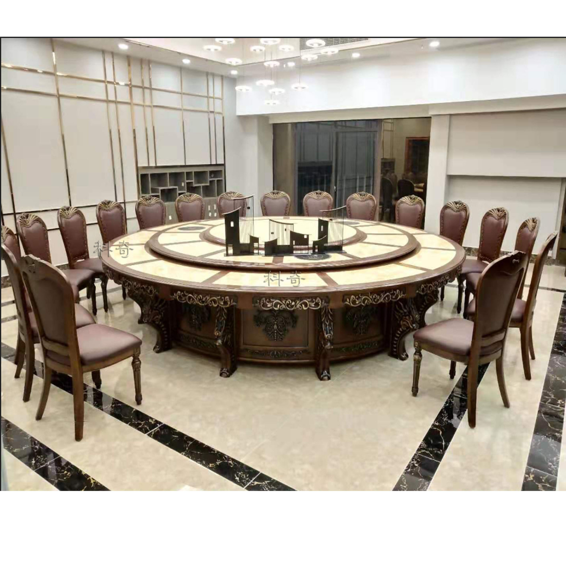 中式实木包边大理石电动餐桌20人电动大圆桌欧式自动转盘酒店圆桌