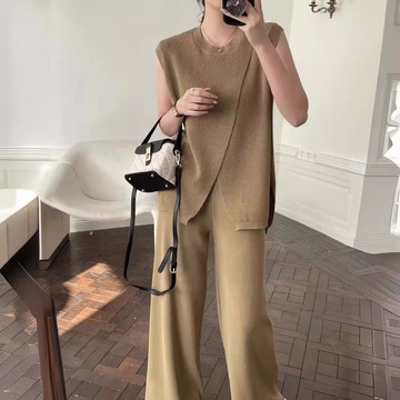 时尚套装女韩版无袖圆领修身条纹针织衫上衣两件套休闲高腰阔腿裤