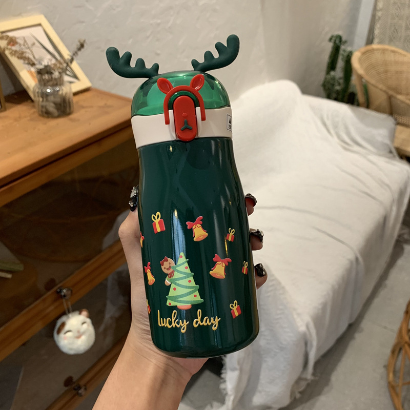 High Sense Antlers Children's Thermos Mug Christmas Cup Small Portable Portable Belt Tea Compartment Bounce Cover Direct Drink Gift