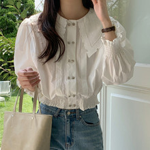 韩系chic春秋季法式气质重工娃娃领单排扣设计灯笼袖短款衬衫上衣