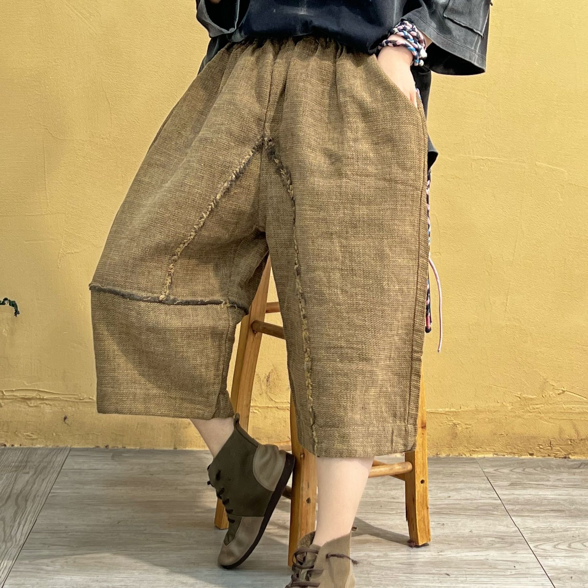 2022夏季新款亚麻七分裤女百搭显瘦粗布麻料毛边休闲裤复古阔腿裤