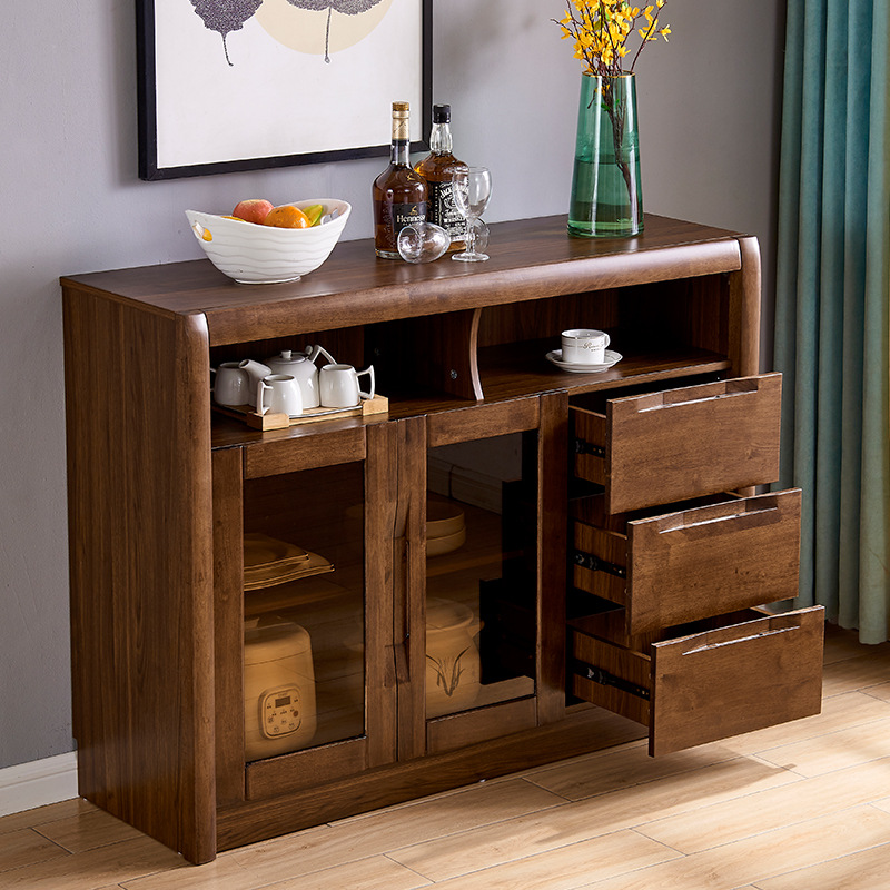 新中式餐边柜半实木碗柜储物柜餐厅备餐柜客厅茶水柜简约胡桃木色