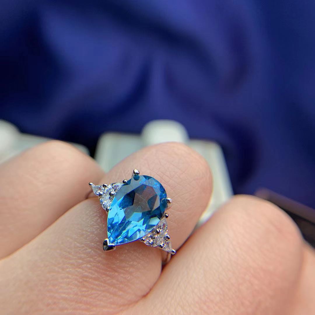 直播供货925银镶嵌大尺寸欧美配饰天然瑞士蓝托帕石戒指女戒婚戒