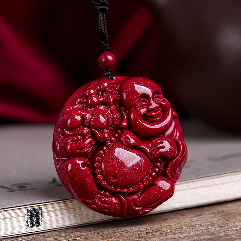 朱砂批发吊牌项坠项链原矿朱砂大肚弥勒佛吊坠女紫金砂笑佛公挂件