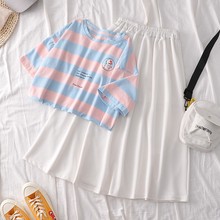 单/套装A字裙夏季学生韩版宽松条纹短袖T恤女休闲时尚两件套潮ins