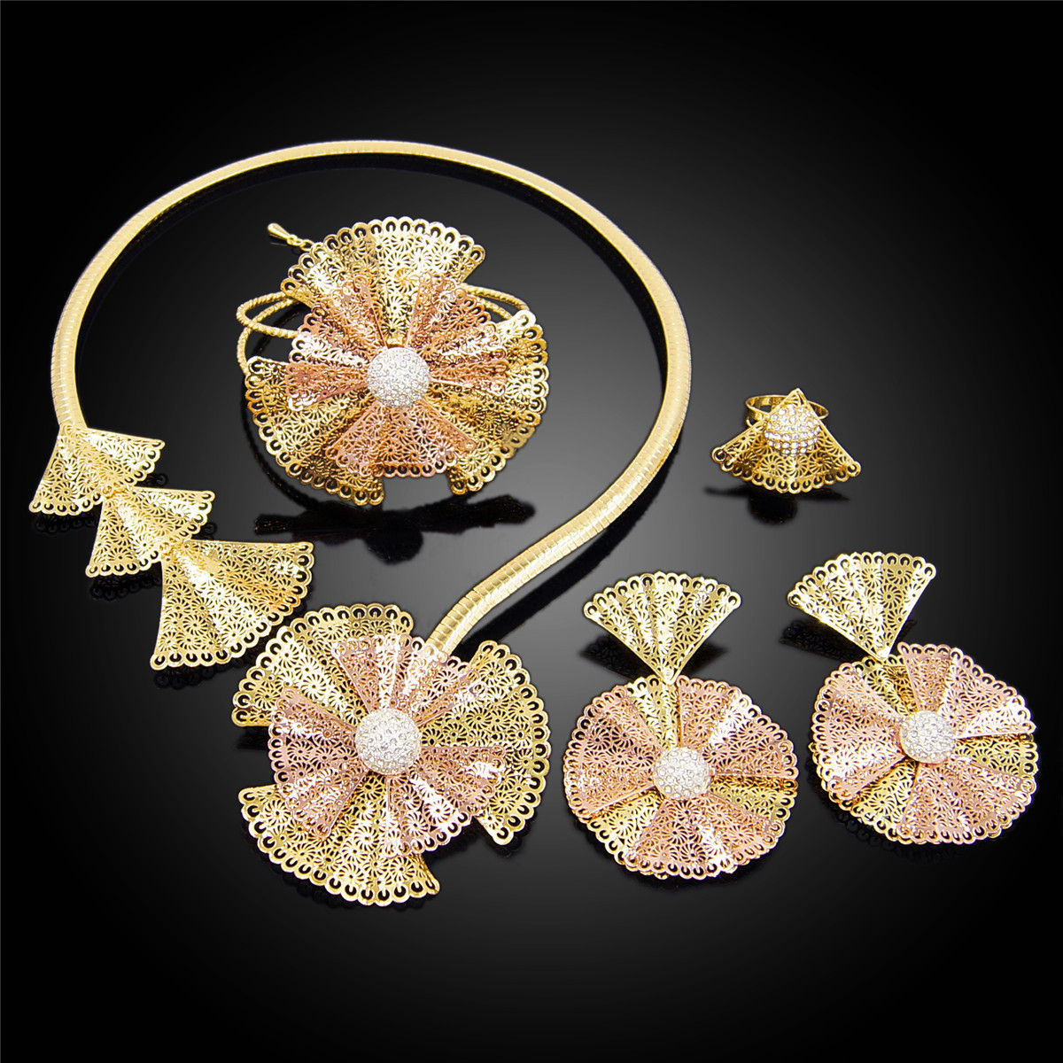 迪拜金夸张首饰套装24k镀真金花朵项链耳环戒指手镯四件套饰品女