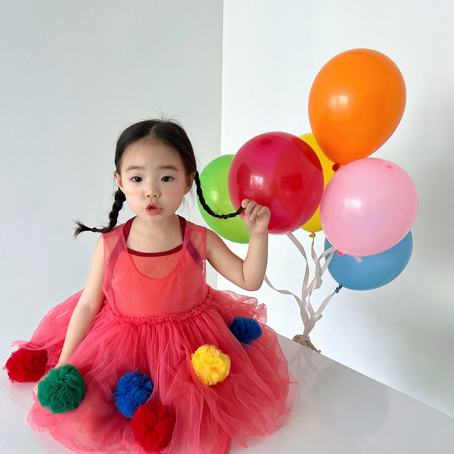 韩国女童连衣裙夏装新款女宝可爱浴球网纱背心裙套装幼儿园演出服