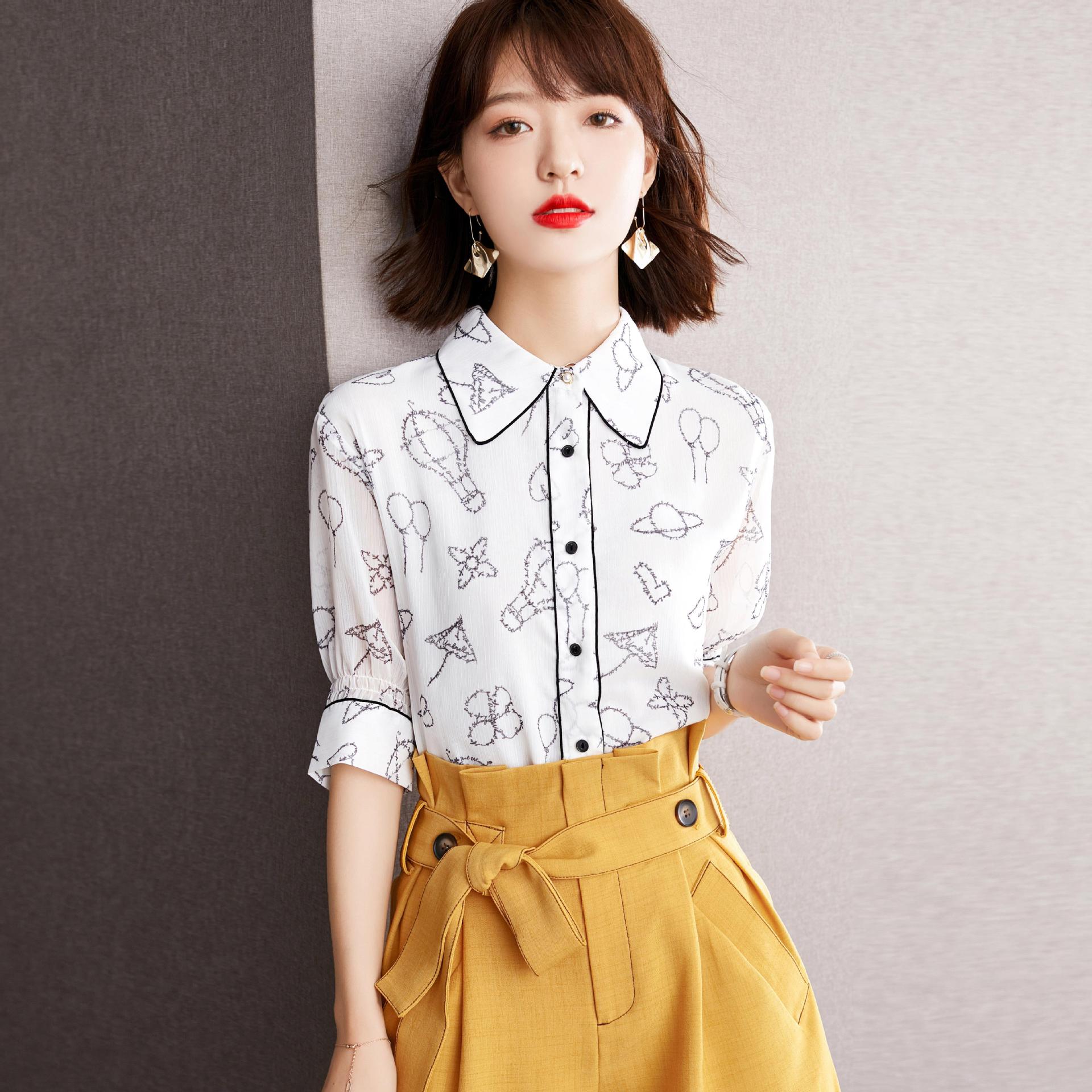 白色衬衫女五分袖上衣2022夏季新款职业ol印花垂感中袖雪纺衫衬衣