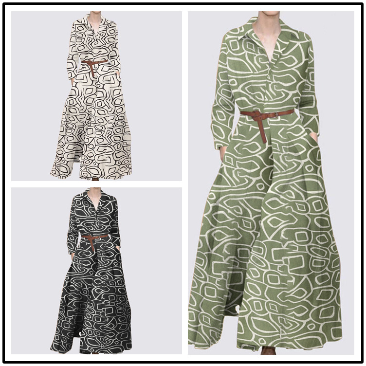 2022 New Fall Lapels Printed Long Sleeve Elegant Stylish Loose plus Size Bohemian Long Dress