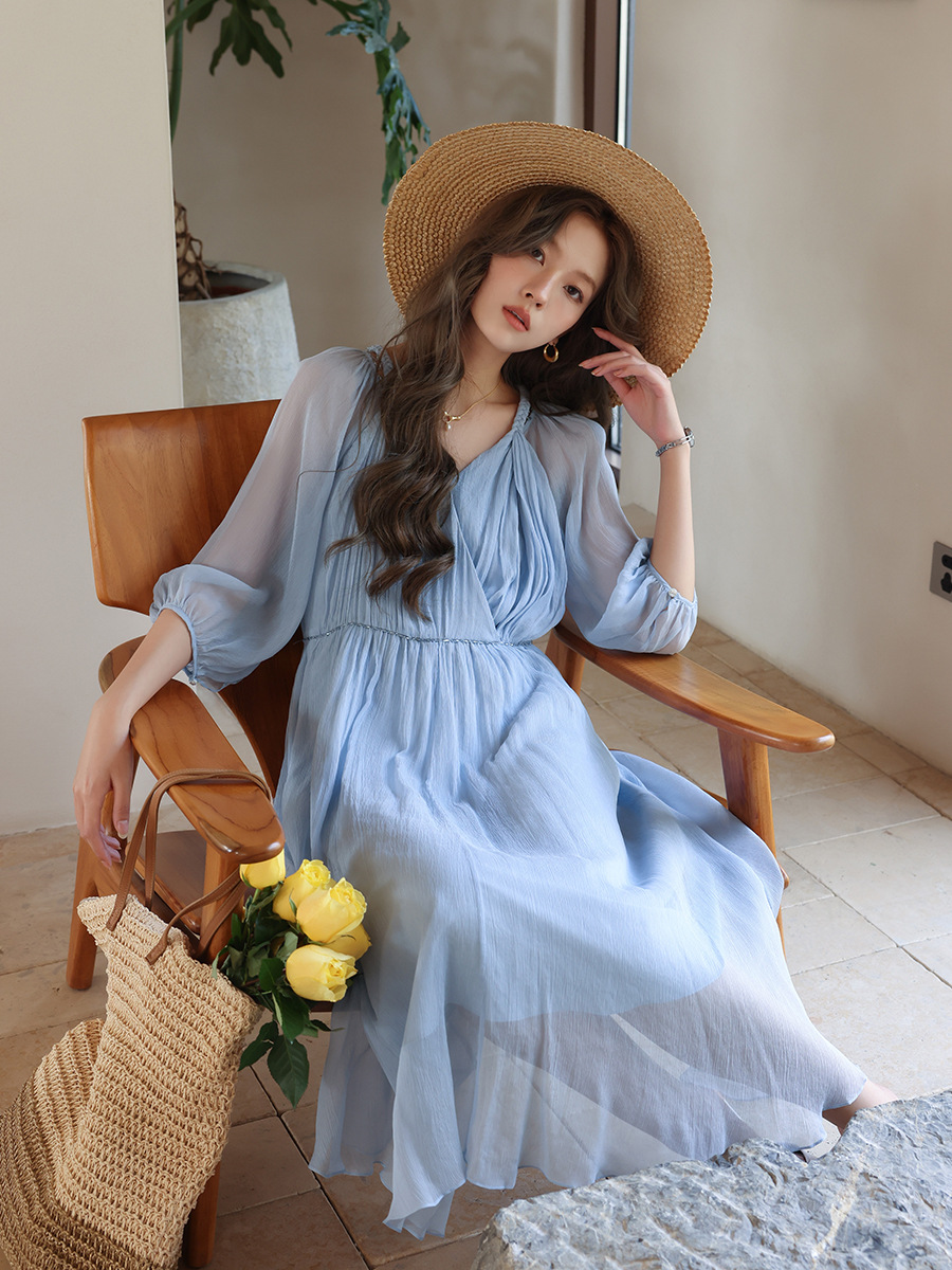 Rongtai Moonlight Love Letter Romantic Fairy Silk Mulberry Silk Dress Women's Mid-Length Vacation Beach Dress