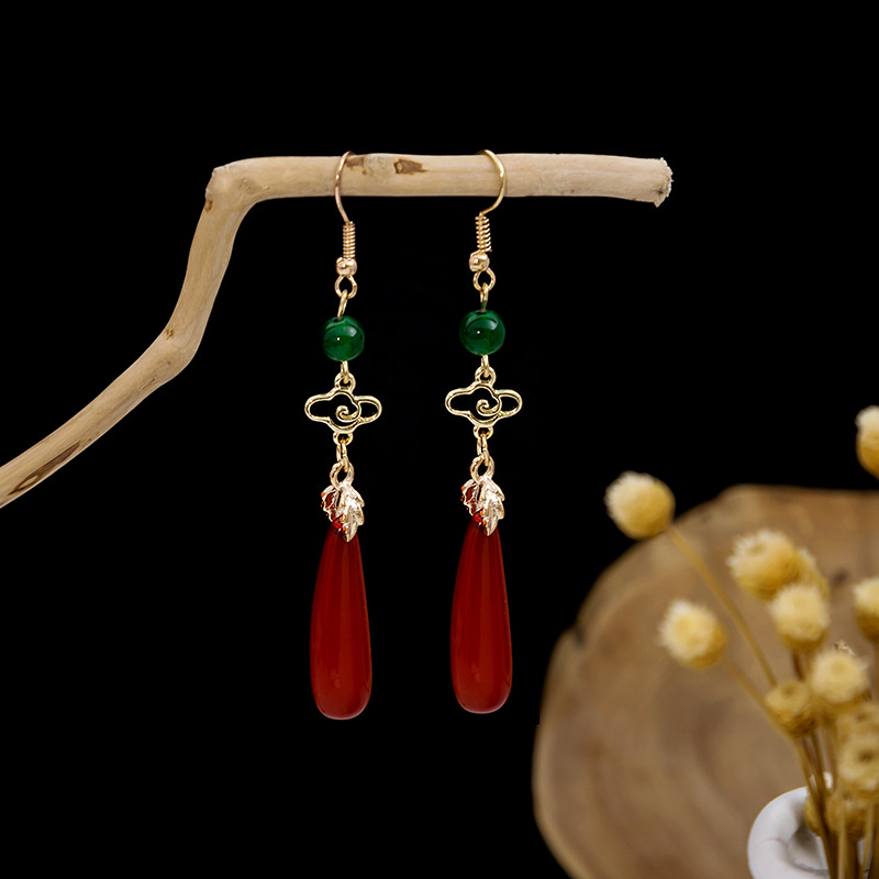 Retro Chinese Style Xiangyun Earrings Cheongsam Ancient Red Water-Drop Eardrops Chinese Style Green Gemstone Earrings Wholesale