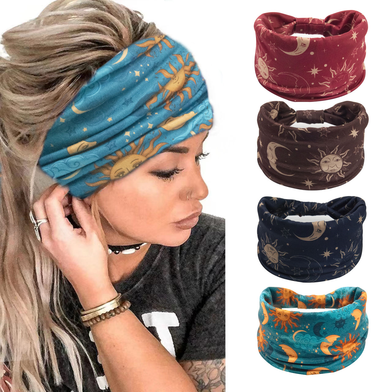 European and American New Exercise Hair Band Starry Sky Moon Printed Hair Band Bohemian Elastic and Sweat-Absorbing Women's Wide-Brimmed Headband