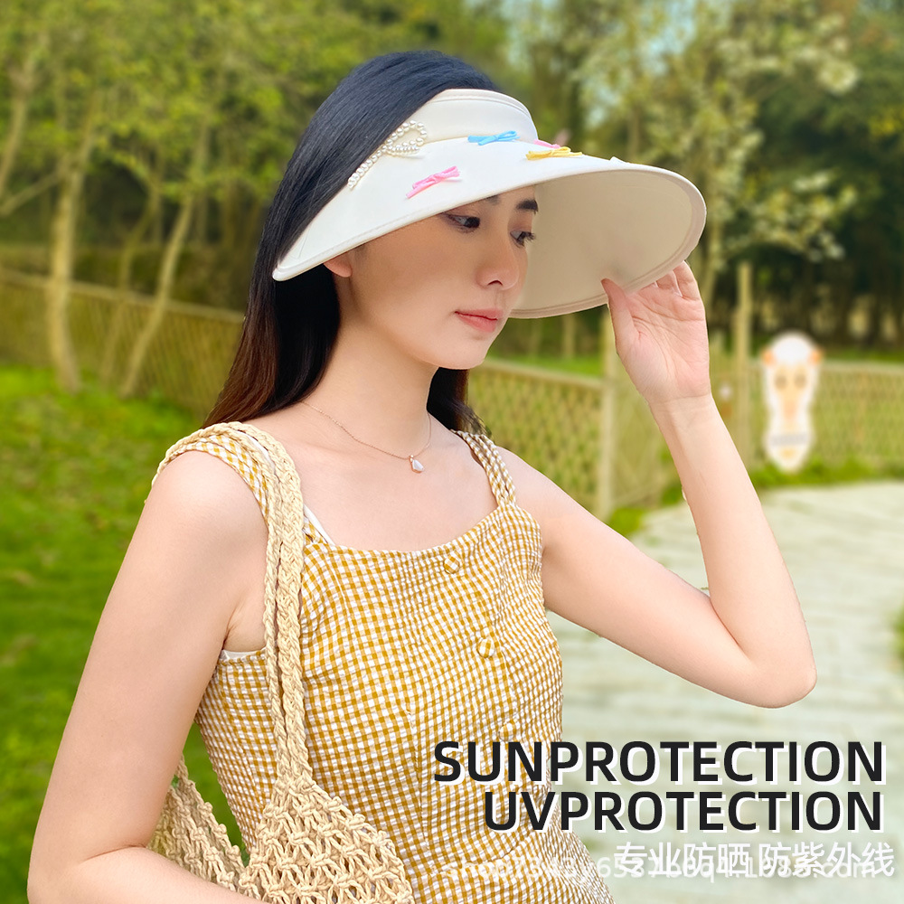 防晒帽子女大檐珍珠蝴蝶结空顶帽夏遮阳儿童防晒太阳帽出游户外帽