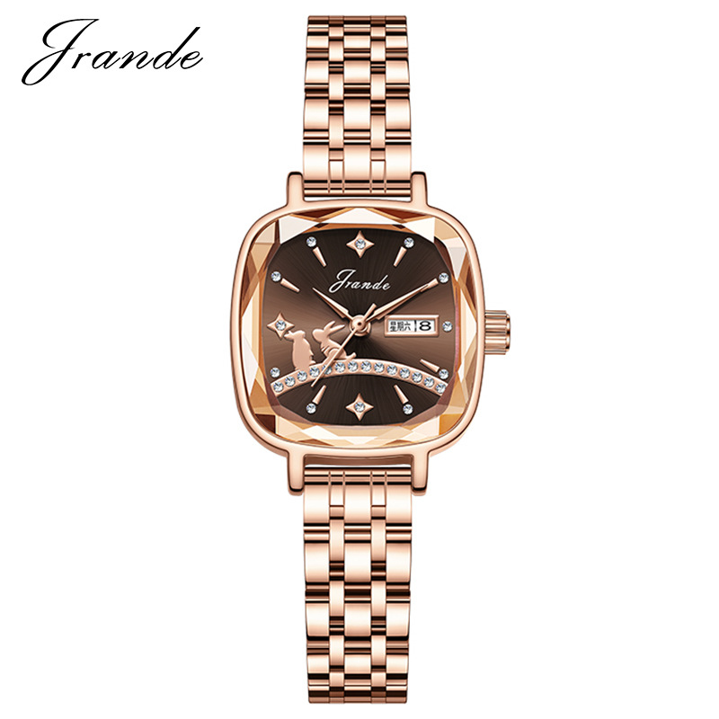 歌浪迪品牌星河玉兔女士手表高定轻奢玫金钢带气质手表女 h7727l