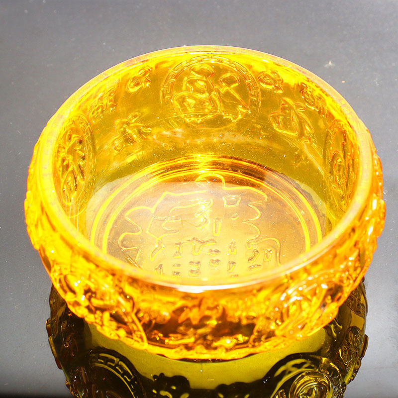新款琉璃黄水晶福字聚宝盆元宝摆件办公室客厅家居装饰品开业礼品