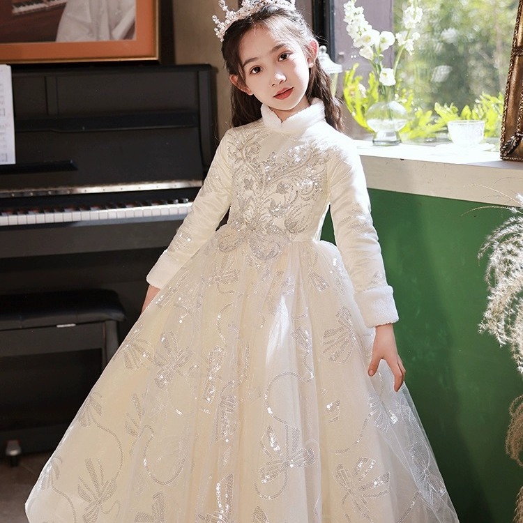 儿童晚礼服裙秋冬款加厚花童女童生日宴公主裙主持人钢琴演奏礼服