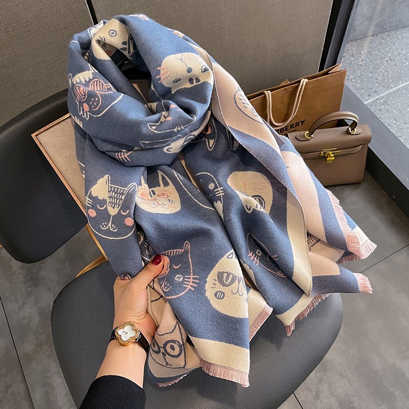 Korean Autumn and Winter New Cat Fashion Artificial Cashmere Scarf Women's Korean-Style Printed Elegant Warm Scarf Air Conditioning Shawl