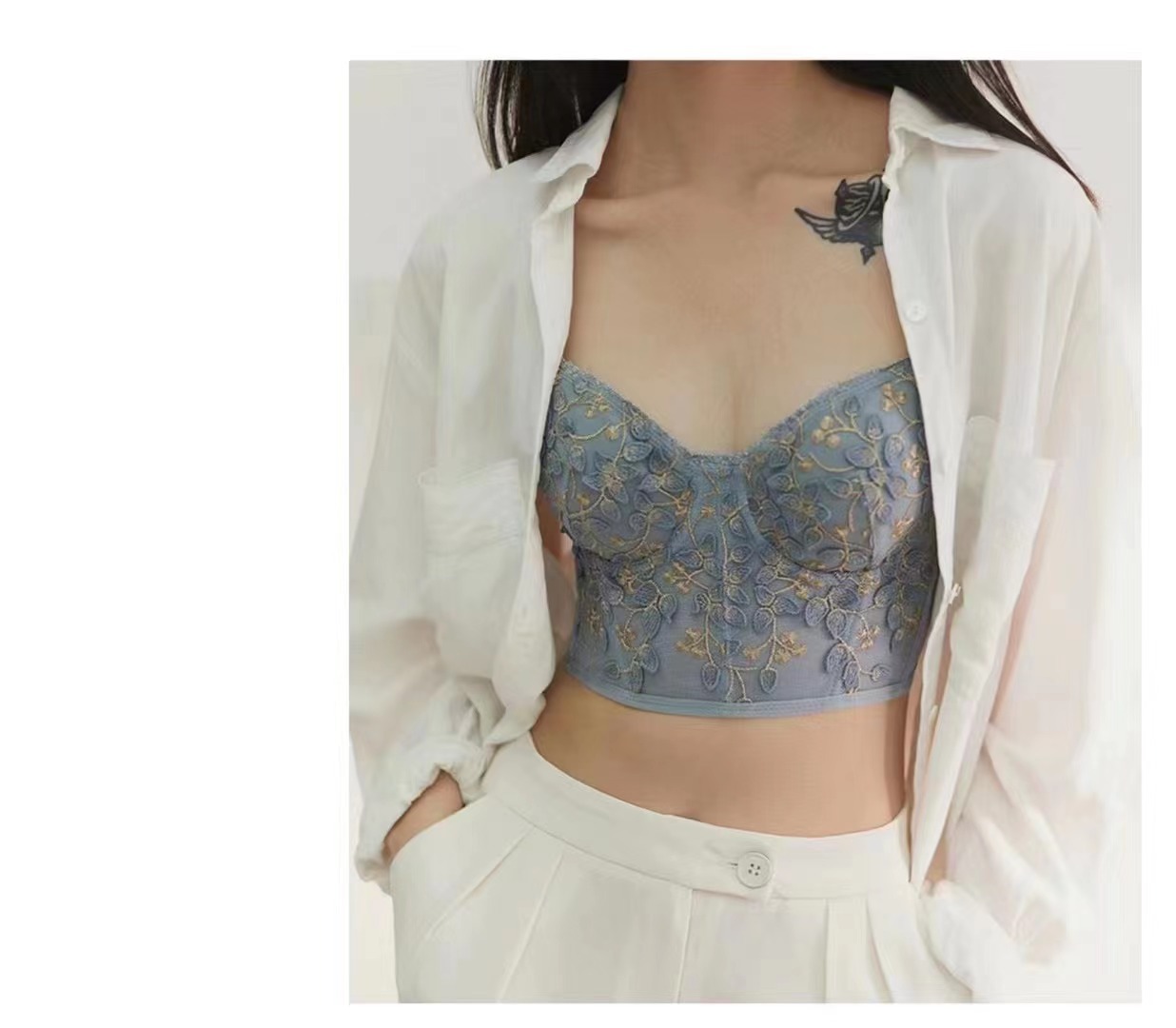 French Retro Court Lace Petal Embroidery Soft Steel Ring Underwear Detachable Shaping Waist Bra Set