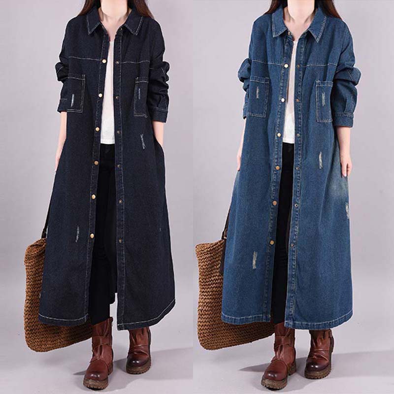 文艺大码宽松做旧磨白纯色翻领长袖牛仔风衣外套女装2020秋季新款