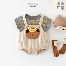 夏季新款婴儿套装棉质卡通小熊短袖薄款0-3岁男女童宝宝哈衣爬服